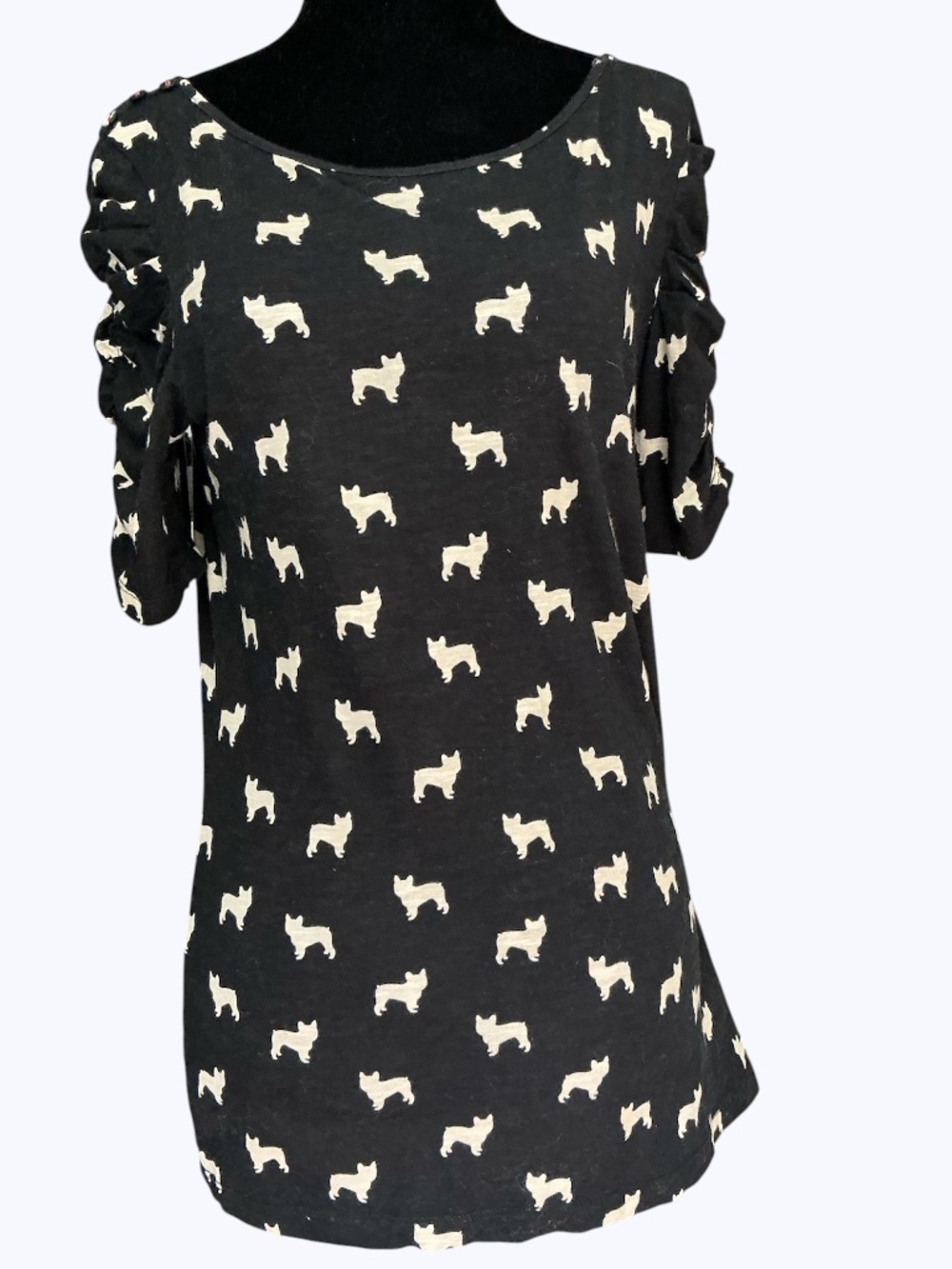 Anthropologie Postage Stamp Black Terrier Dog Print Ruched Sleeve T Shirt L ((M)